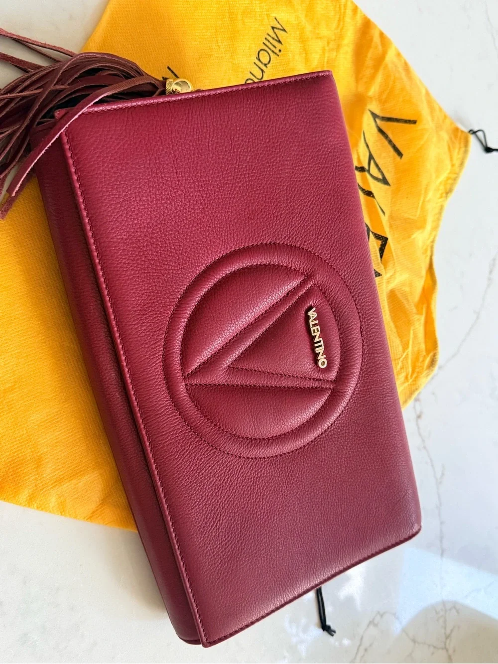 Valentino Burgundy Leather Wristlet Clutch with Tassel